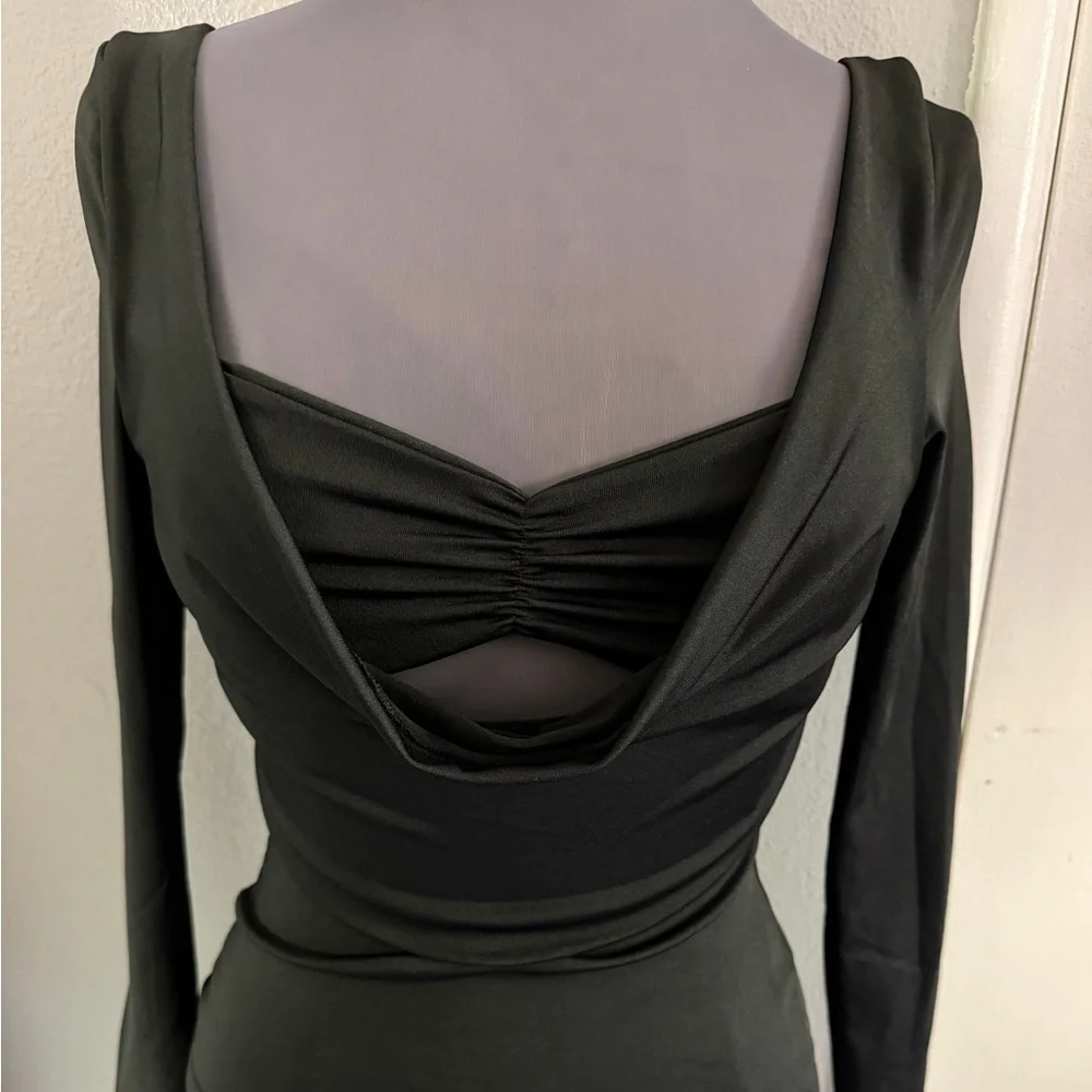 Black Plunge Neck Ruched Bust Long Sleeve Top Y2K Stretch - Picture 2 of 4